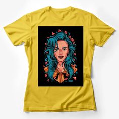 Women's Artistic T-Shirt, Turquoise Hair Illustration, Freckles, Floral Details Female T-Shirt Custom graphic T-Shirt.Customize your color Unisex Style Outfits, Unisex Shirt Design, Colour Blocking Fashion, Hair Illustration, Mens Tees Fashion, Turquoise Hair, Graphic Print Top, Trendy Shirt Designs, Cat Graphic Tee