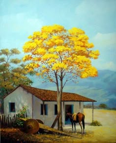 a painting of a horse standing in front of a house with yellow flowers on the tree