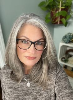 Hair And Glasses Style, How To Highlight Grey Hair Going Gray, Grey Hair With Curtain Bangs, Gray Hair Curtain Bangs, Curtain Bangs For Women Over 50, Curtain Bangs Older Women, Grey Hair And Glasses, Grey Hair With Bangs, Going Grey