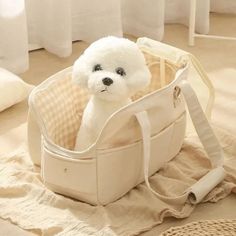 a small white dog sitting in a bag