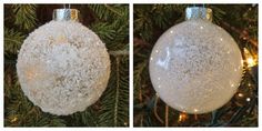 two pictures of ornaments hanging from a christmas tree, one in white and the other in silver