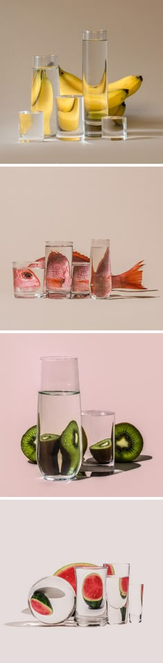 three different shots of fruit and watermelon in glass vases, with bananas on the other side