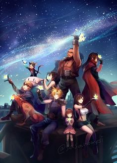 some anime characters are posing for a photo in front of the sky with stars above them