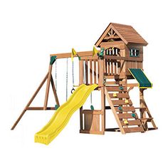 a wooden swing set with a yellow slide