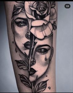 a woman's face with roses and leaves on her thigh