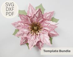 a pink paper flower with green leaves on it's center and the word svg dxf