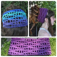 three pictures showing different views of a woman's head wearing a crocheted hat