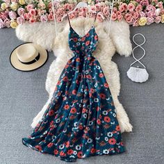 V-neck floral chiffon dress, temperament halter beach dress, seaside holiday dressMaterial:chiffonStyle:temperamentFeatures:floralColor:as pictureSize(cm):S,M,L 1inch=2.54cmS:length:124,bust:80-81&ltp&gtM:length:125,bust:84-85</p>&ltbr/>&ltp&gtL:length:126,bust:88-89</p>&ltbr/>&ltp&gtNote:Due to different measurement methods,there will be 1-3 error(unite:cm), please understand.</p>&ltbr/>&ltp&gtPlease check the size carefully A Line Floral Dress, Floral Dress Outfit Summer, Floral Dress Outfits, Floral Chiffon Dress, Chiffon Fashion, Elegant Dresses For Women, Stylish Dresses For Girls, Stylish Dress Designs, Modern Dress