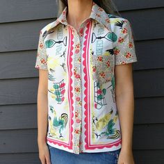 BLOUSE Upcycled From a VINTAGE TABLECLOTH S M B7 - Etsy Cotton Retro Shirt With Retro Print, Cotton Shirt With Retro Print, Retro Pink Top With Retro Print, Vintage Cotton Shirt With Retro Print, Vintage Cotton Shirt With Floral Print, Vintage Retro Print Summer Shirt, Retro Patterned Shirt For Spring, Retro Pink Printed Shirt, Pink Cotton Top With Retro Print