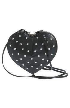 Dazzling crystals stud the rich lambskin leather of this heart-shaped crossbody bag that completes your look with a charming flourish. Two-way top-zip closure Crossbody strap Leather lining Leather Made in Italy Designer Handbags Alaia Heart Bag Outfit, Luxury Heart-shaped Leather Bag, Elegant Black Heart-shaped Bag, Alaia Heart Bag, Black Heart-shaped Bag With Adjustable Strap, Embellished Bags, Zipped Bag, Handbag Straps, Black Cross Body Bag