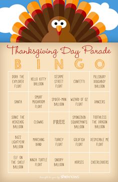 a printable thanksgiving day parade game with a turkey on the side and words that say,