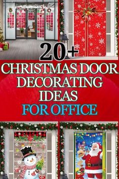 the front cover of christmas door decorating ideas for office, with snowmen and presents