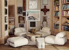 a living room filled with furniture and bookshelves