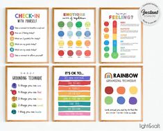 This set of 6 posters will be a great addition to any space, especially for a calming corner, therapy office and more. These posters show a mental health check-in with yourself poster, a zones of regulation poster, a feelings thermometer poster, a 5,4,3,2,1 grounding technique poster, it's okay to poster and a rainbow grounding technique poster. Rainbow Playroom