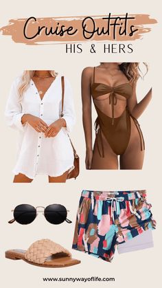 a woman wearing swimsuits and sunglasses with the caption cruise outfits his & hers