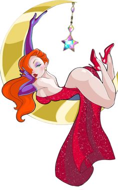 a woman with red hair is sitting on the moon and holding a star in her hand