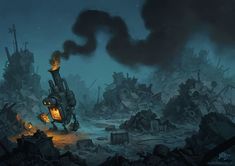 an animated image of a man standing in front of a pile of rubble with fire coming out of it