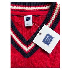 A Preppy Classic! This Nwt Cable Knit Sweater Vest Is Always A Win, Made In The Softest Combed Cotton With A V-Neckline And Striped Detailing. Red Cable Knit With Navy And White Trim. 100% Combed Cotton V-Neck Machine Wash, Inside Out; Imported Cotton V-neck Top For School, Casual V-neck Tops For School, Casual V-neck School Tops, Red Winter Playwear Tops, Cable Knit Sweater Vest, Knit Sweater Vest, Janie And Jack, Cable Knit Sweater, White Trim