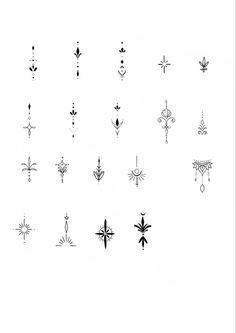 an assortment of different designs on a white background, including arrows and stars in black ink