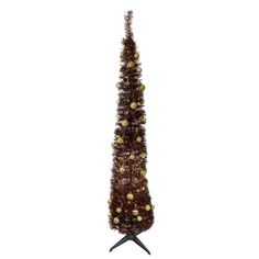 a tall brown christmas tree with balls on it's top and legs, in front of a white background