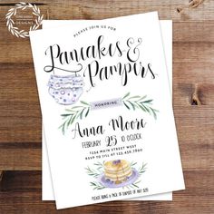 pancakes and pancakes bridal party invitation with watercolor leaves on wood background