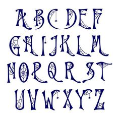 an old english alphabet with spider webs on the upper and lower letters, all in blue