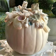 a white pumpkin decorated with shells and seashells