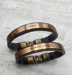 "BRACELET FEATURES For Him / 1.2 cm Width (0.47 inches) For Her / 1.0 cm Width (0.39inches) -Natural Dark Brown Leather -Engraved Bronze Plate -Bronze Interlocking Clasp H O W ∙ TO ∙ O R D E R -Add item to shopping cart -Then add personalization to the \"notes\" section during checkout. -Fully customizable with your name, custom text, custom quote, roman numerals, coordinates... M A D E ∙ T O ∙ O R D E R & S H I P P I N G ✭Shipping options available during check out (standard or express) ✭It Personalized Valentines Gifts, Anniversary Gift For Couples, Bronze Anniversary Gifts, Leather Engraved, Bronze Anniversary, Gifts For Couples, 8th Anniversary, Anniversary Gifts For Couples, Gift For Couples