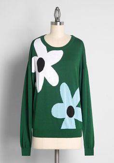 Get buzzed on retro florals with the addition of this green pullover sweater from our ModCloth namesake label. You’ll fall head over heels in love with the custom intarsia graphic made-up of oversized daisy motifs in hues of powder blue and ivory, with jet black centers, as it oozes 1960s and 1970s vibes that work in your closet all year-round. A ribbed-knit trim at the crew neck, cuffs at the long sleeves, and hem, make this relaxed fit sweater an ideal layer for all those buzzworthy moments. Head Over Heels In Love, Green Pullover, Casual Rompers