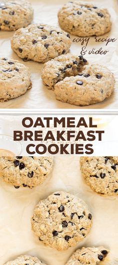 oatmeal breakfast cookies with chocolate chips on top and in the middle, before and after baking