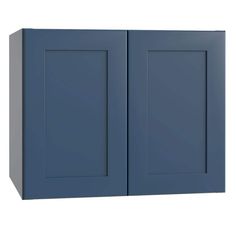 a blue cabinet with two doors on the front and one door open to reveal something