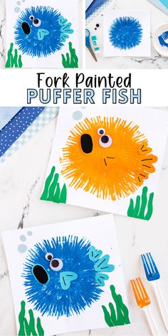 Bring a little under the sea crafting to you day and make this adorable Puffer Fish craft! All you need are simple supplies like paint, paper, and a plastic fork! Fork Puffer Fish Craft, Simple Ocean Crafts Preschool, Starfish Activities For Preschool, Under The Sea Art Kindergarten, Preschool Simple Crafts, Pufferfish Craft Preschool, Ocean Themed Preschool Crafts, Sea Animals Aesthetic Drawing, Under The Sea Infant Art