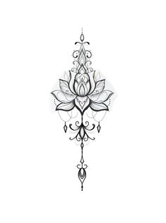 a black and white drawing of a lotus flower on a white background with an ornate design