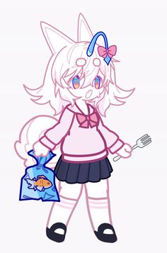 a drawing of a girl holding a bag and a whisk in her hand