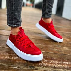 Introducing the "Monza Crimson Rise." Dive into the passionate red hue harmonized beautifully with white soles. Sculpted from the choicest vegan leather, they resonate with style and promise the unmatched comfort of Apollo's orthopedic insoles. Key Features: Red Vegan Leather with White Soles: Radiating passion with contemporary contrasts. Platform Soles: Stand tall with a significant 1.5-inch addition. Apollo's Orthopedic Comfort: Dedication to elegance and foot well-being. Modern Red Sneakers With Textured Sole, Red Low-top Sneakers With Ortholite Insole, Modern Red Lace-up Custom Sneakers, Zapatillas Rojas Outfit, Outfit Hombre, Stand Tall, Color Azul, Leather Sneakers, Vegan Leather