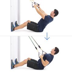 the man is doing exercises with his hands and legs to pull up on an exercise rope