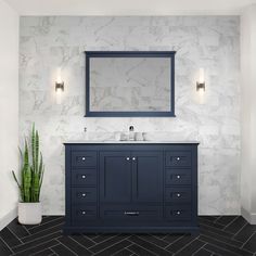 a bathroom with a blue vanity, mirror and potted plant on the counter top