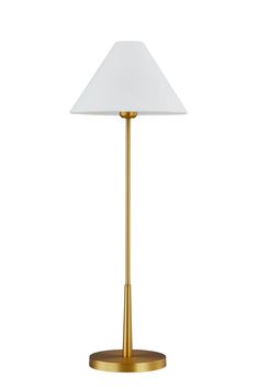 a gold table lamp with a white shade on the base and a brass plated base