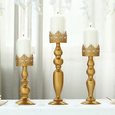 Set of 3 | Antique Gold Lace Hurricane Glass Pillar Candle Holders - 12inch/14inch/17inch Affordable Centerpieces, Candelabras Wedding, Manzanita Centerpiece, Candle Table Centerpieces, Chandelier Candle Holder, Glass Pillar Candle Holders, Beaded Candle, Amber Candle, Candle Centerpiece