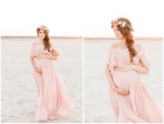 a pregnant woman wearing a flower crown standing on the beach