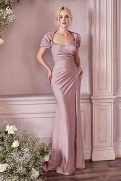 Perfect for the mother of the bride or any sophisticated ladies wanting some shoulder coverage. This fitted gown is cut from a comfortable and controlling stretch satin. An over the shoulder shawl wraps into a cap sleeve leaving a small back opening for arm movement. A pleated waistline compliments the figure opening up to a leg slit for ease of movement. Sleeve Shawl, Fitted Gown, Modern Bridesmaid, Cinderella Divine, Statement Dress, Bride Gowns, Cap Dress, Full Length Dress, Satin Gown