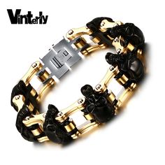 Vinterly Punk 16mm Boys Mens Chain Skulls Link Biker Motorcycle Link Gold Color 316L Stainless Steel Bracelet Bangle for Men Bangle For Men, Mens Chain, Chains For Men, Steel Bracelet, Stainless Steel Bracelet