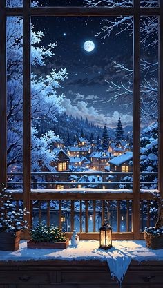 a snowy night is seen through an open window with the view of a town outside