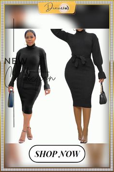 Black Knitted Long Sleeve Turtleneck Pullover Dress Ribbed Long Sleeve Party Sweater, Long Sleeve Ribbed Party Sweater, Party Long Sleeve Ribbed Sweater, Black Sweater For Spring, Black Spring Sweater, Black Non-stretch Winter Sweater, Chic Long Sleeve Solid Color Sweater Dress, Casual Bodycon Sweater Dress For Fall, Non-stretch Long Sleeve Sweater Dress For Fall