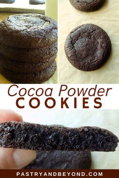 collage of chocolate powdered cookies on parchment paper with text overlay that reads, cocoa powdered cookies