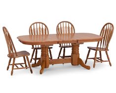 a wooden table with four chairs around it and one chair on the other side,