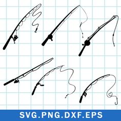 various types of fishing rods and hooks on a blue grid background with the words svg png dxf eps - brings lv