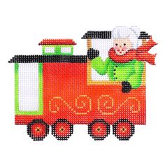 a cross stitch pattern of a train with a child on it's side and the number nine