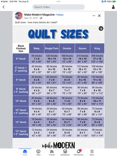 the quilt size chart is displayed on an iphone