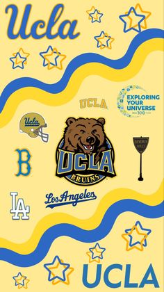 a poster with the ucca logo and other sports related items in blue and yellow